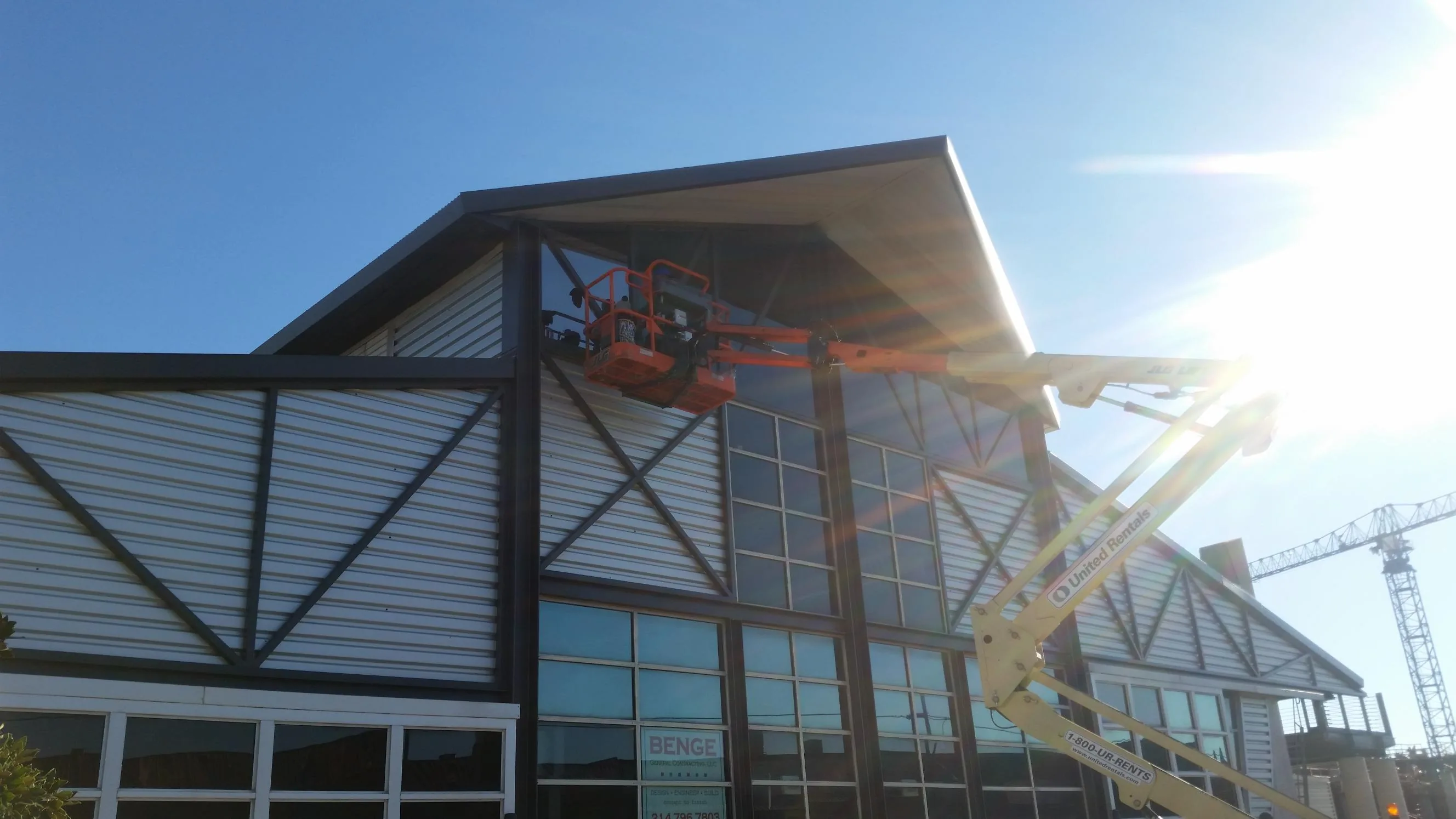 Dallas Farmers Market external window film installation boom lift commercial DFW