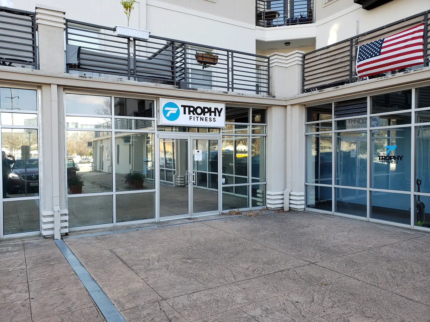 Trophy Fitness storefront reflective solar film commercial DFW