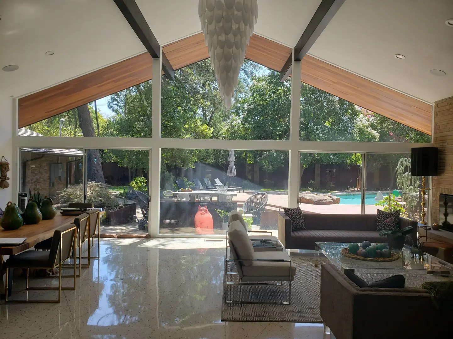 Modern farmhouse full glass curtain wall cedar soffit solar film