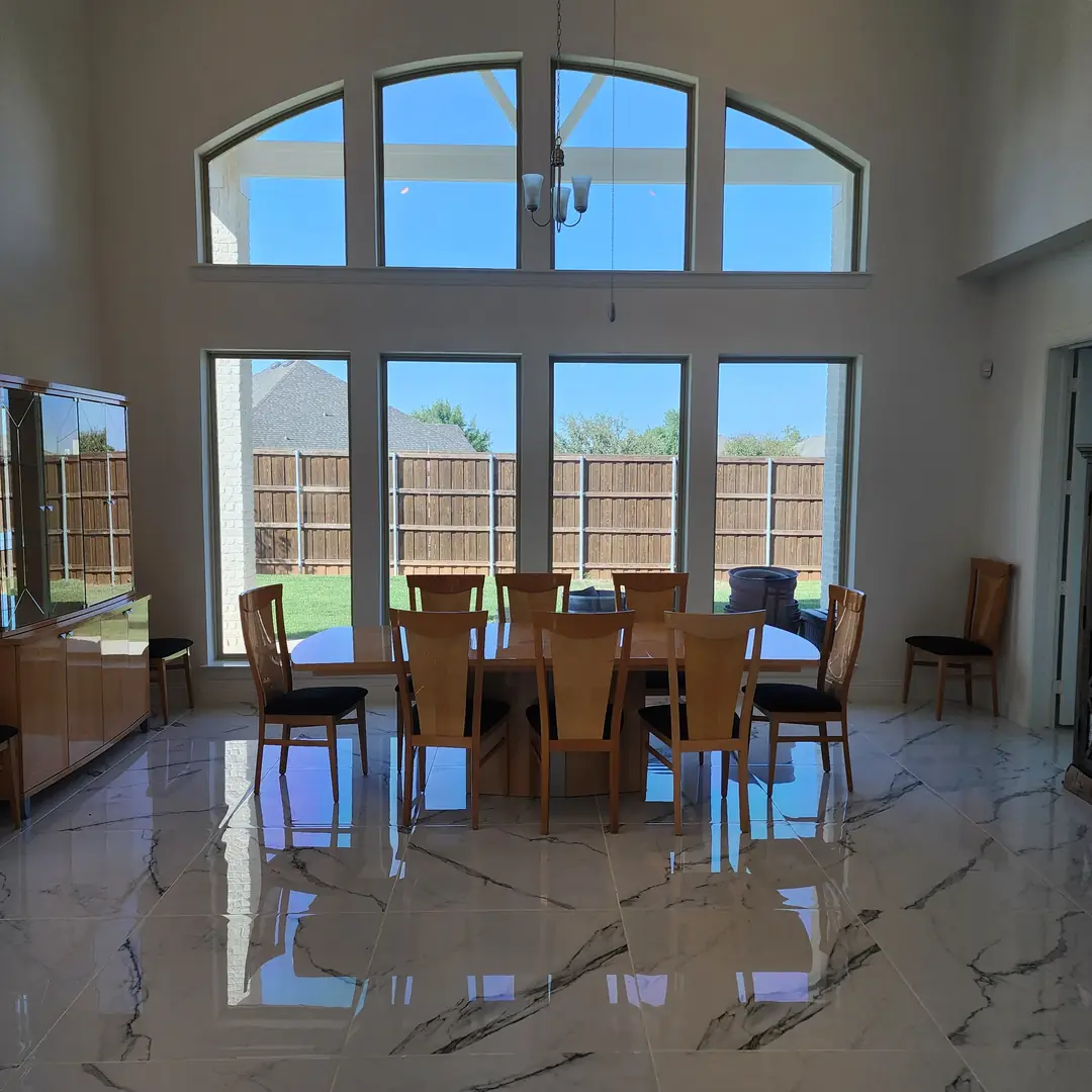 Frisco dining room arched transom windows marble floors solar ceramic film DFW