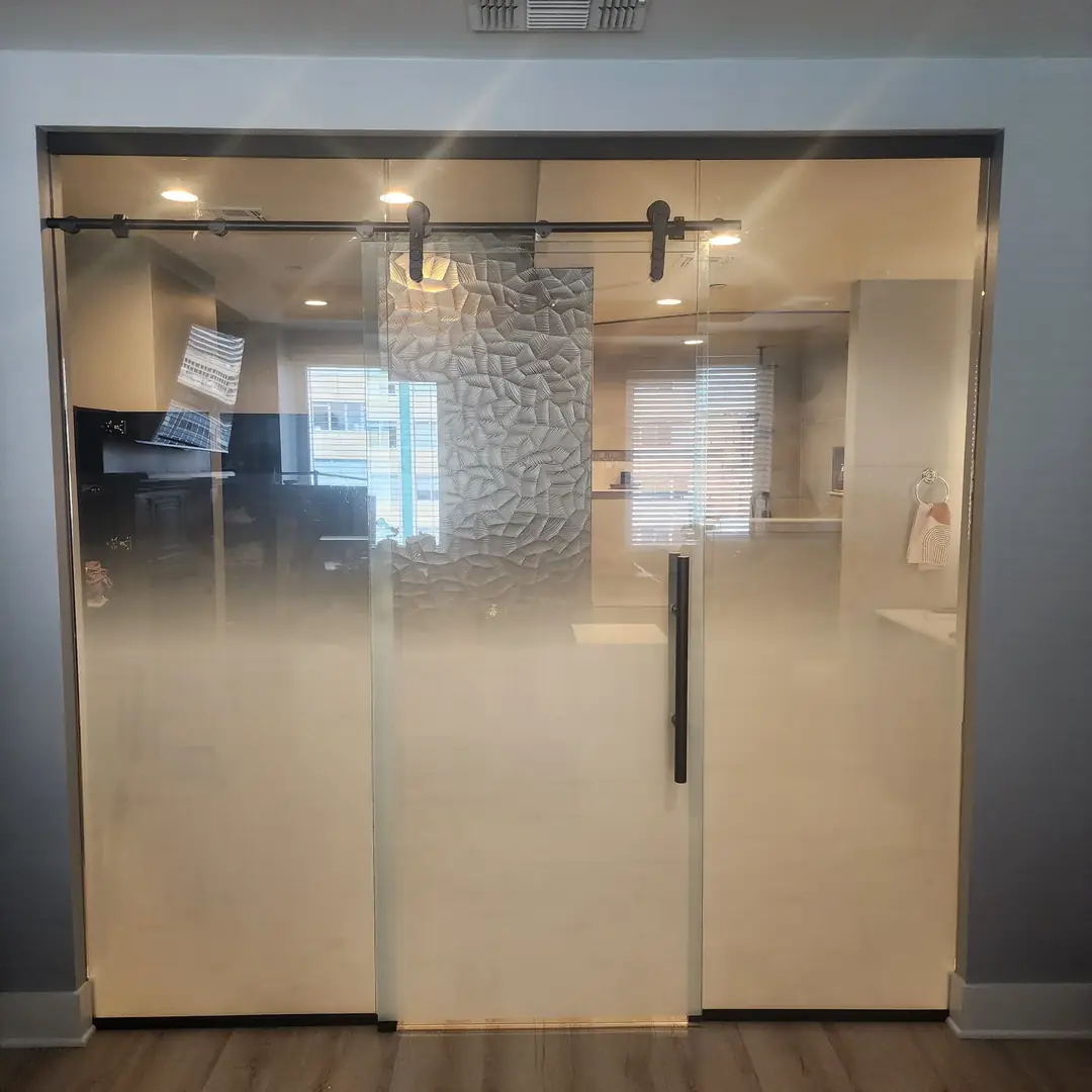 Glass sliding barn door frosted gradient privacy film DFW