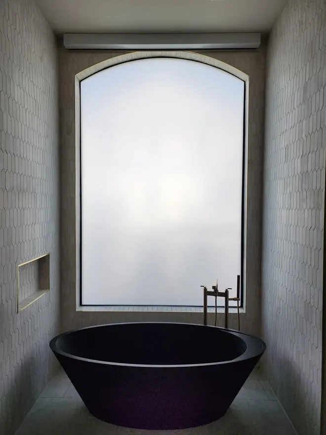 Frosted privacy film above a soaker tub